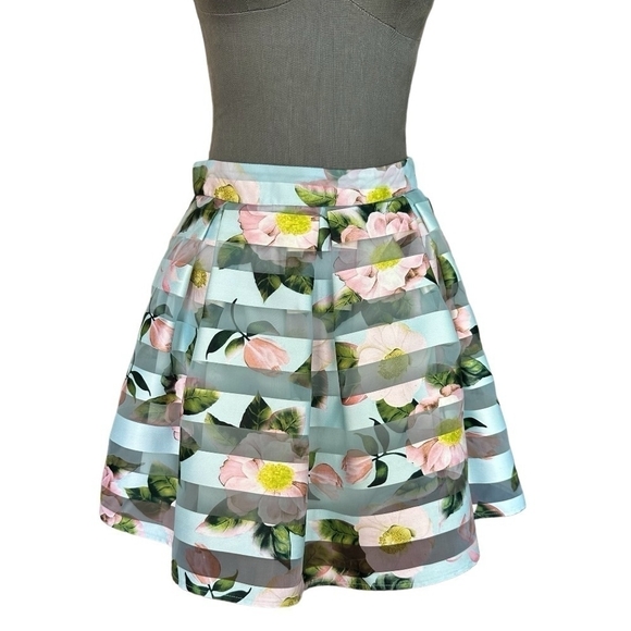 Women’s Skirt PAPAYA Blue Multicolor Mesh Striped Mini Skirt Floral Skater Skirt - Picture 2 of 6